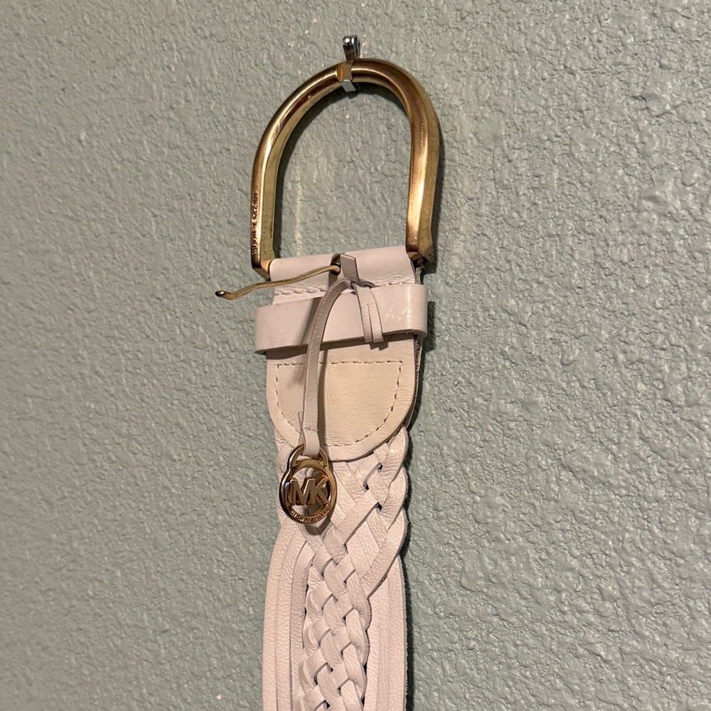 Michael Kors white Braided Leather Belt with Gold-Tone Buckle